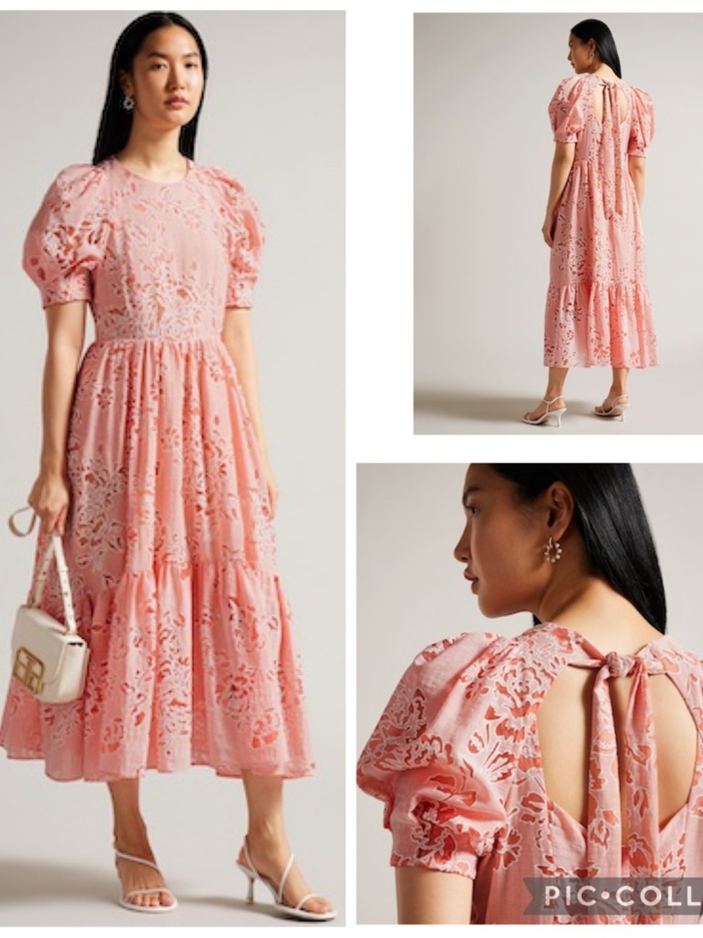 Ted Baker Esthher Coral Puff Sleeve Tiered Midi Dress Cutout Back Size 0